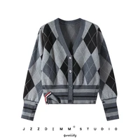 tb new korean version of the diamond plaid cardigan womens autumn and winter waist knitted sweater top coat tide