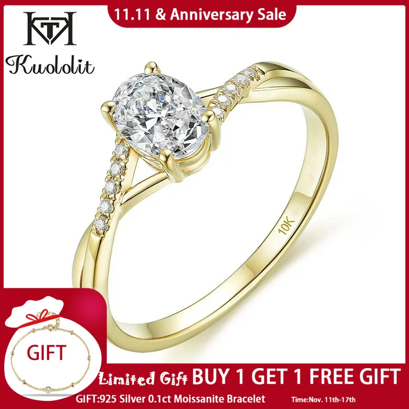 

Kuololit Solid 10K yellow gold Natural moissanite Rings for Women 1ct Oval D color Solitaire ring for promise engagement party