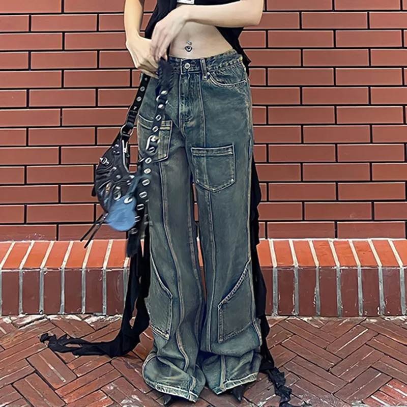 Streetwear Hip Hop Cargo Jeans Women Y2K Vintage Grunge Blue Denim Pants Oversize Retro Punk High Street Wide Leg Trousers