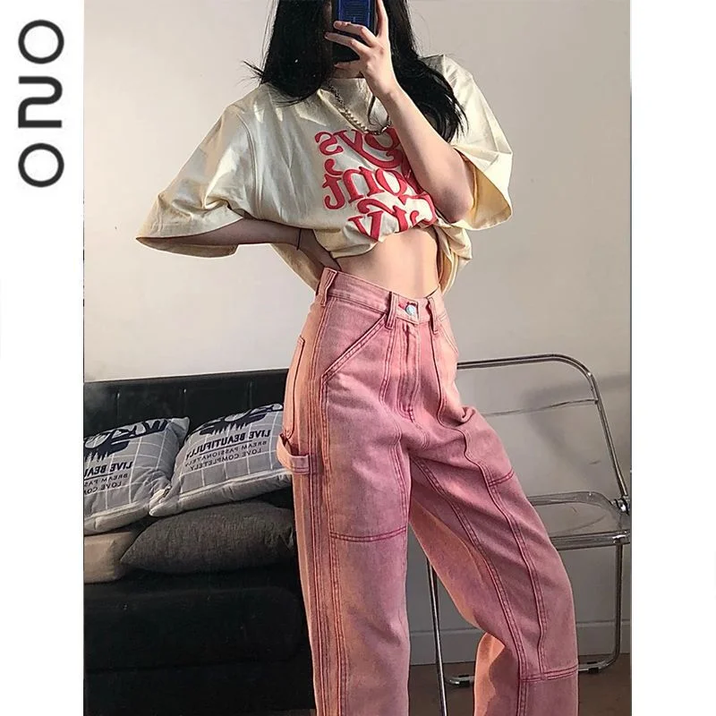 Spring Autumn Light Pink Heavy Worn Washed-out Straight Jeans Women Street Dance Hip-Hop Trendy Loose Ins Casual Trousers Women