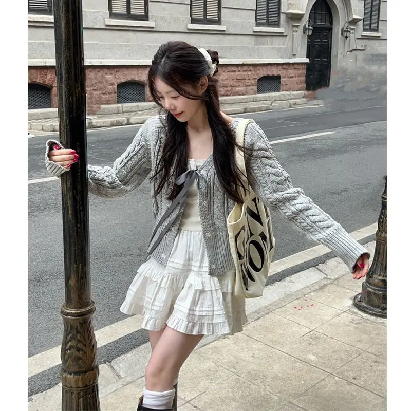 Корейские модные серые кардиганы для женщин милая бандажная кокетка с бантом