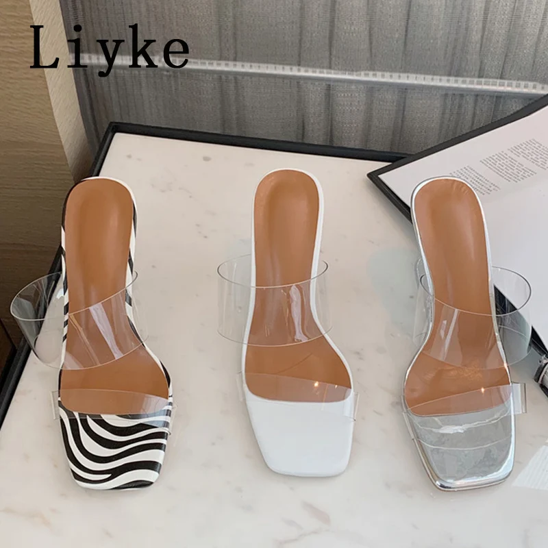 

Liyke Silver Slides Women Transparent Shoes Mules Slippers Female Fashion Open Toe Jelly Sandals Strange Style Clear High Heels