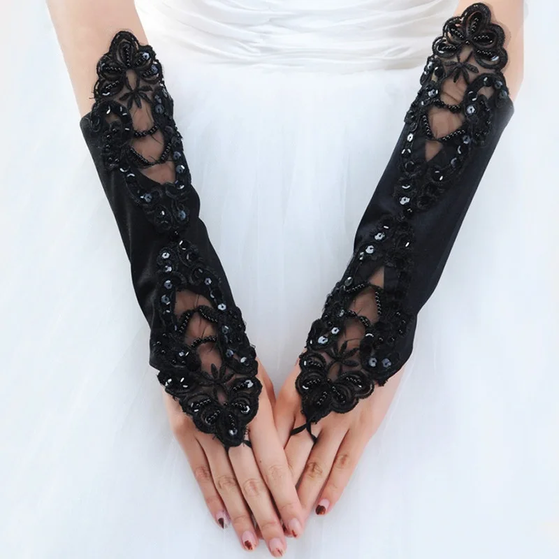 

Bride Wedding Dress Gloves Black Satin Fingerless Flower Sexy Etiquette Banquet Oversleeves Stage Modeling Gloves