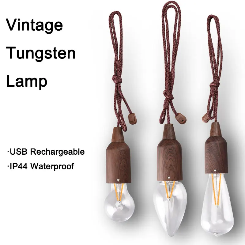 Wireless Night Light Bedroom Lamp USB Rechargeable Vintage Tungsten Filament Camping Lantern Fishing Light IP44 Waterproof