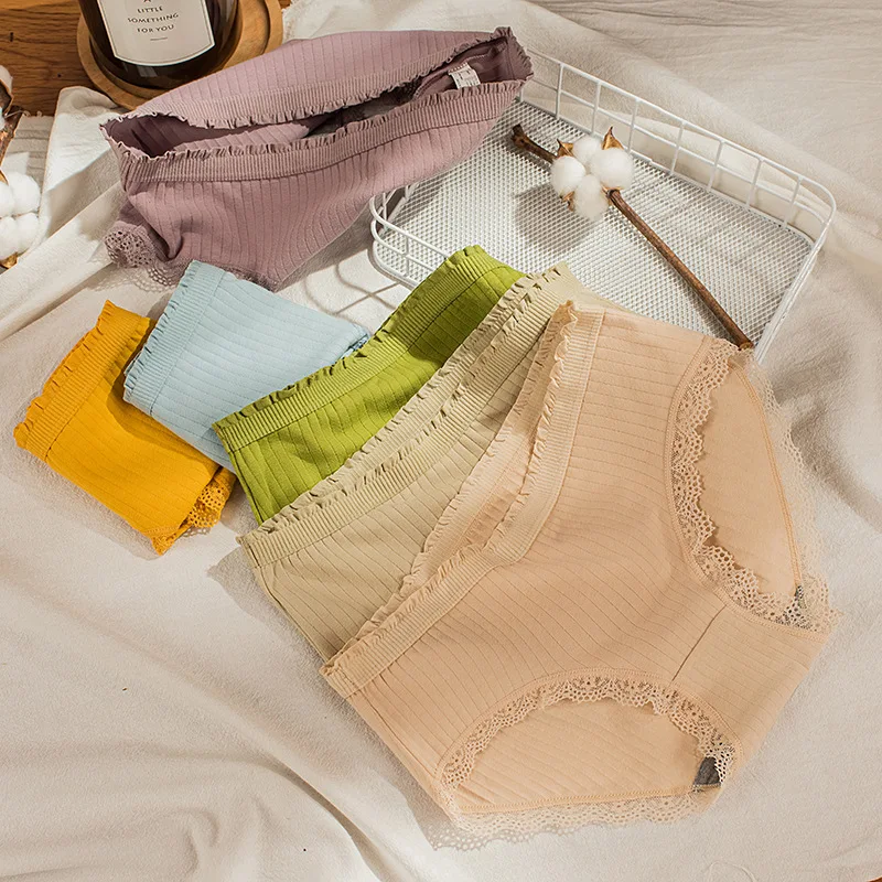 

Женское хлопковое нижнее белье, брифы, сексуальные кружевные трусики, бесшовные трусы со средней талией, милое женское нижнее белье
