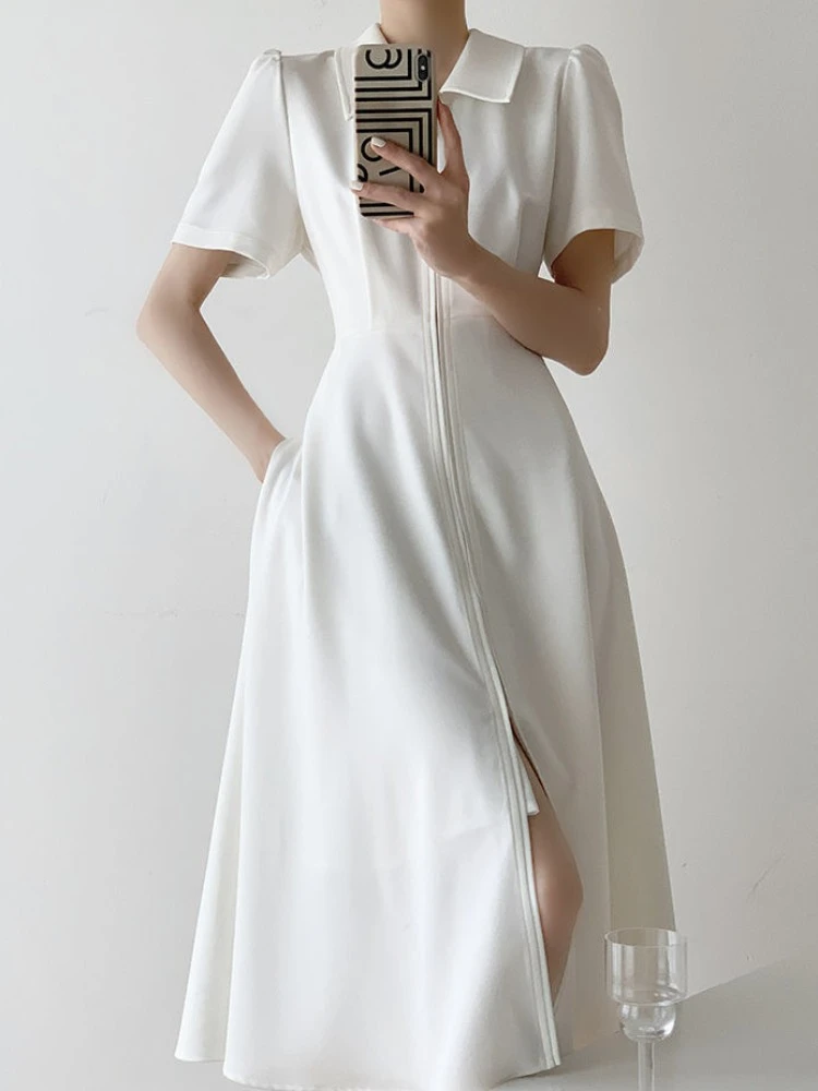 

Midi Dress Women French Style Solid Tunic A-line Summer Tender Ins Aesthetic Femme Party Casual All-match Classic Holiday Zipper