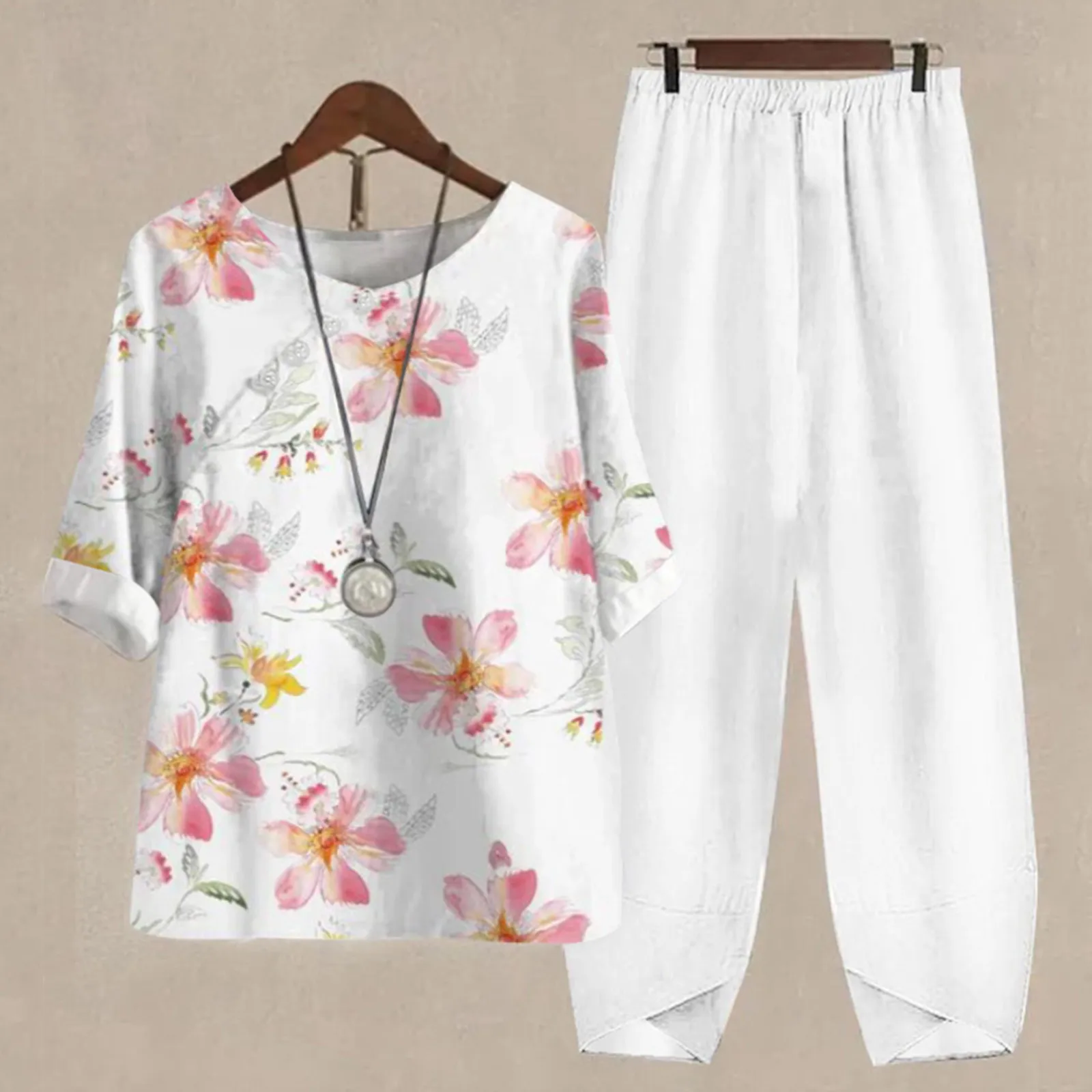 

Женский комплект из двух предметов, рубашка и брюки в стиле бохо с принтом в стиле ретро, комплект из искусственного хлопка и льна, летняя же...