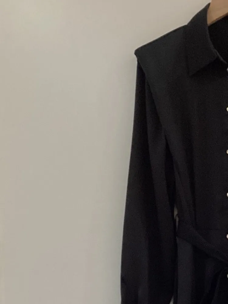 Turn-down Collar Women Midi Dress Shoulder Pad Black Single Breasted Long Sleeve Ladies Shirt Robe with Sashes 2023 Spring