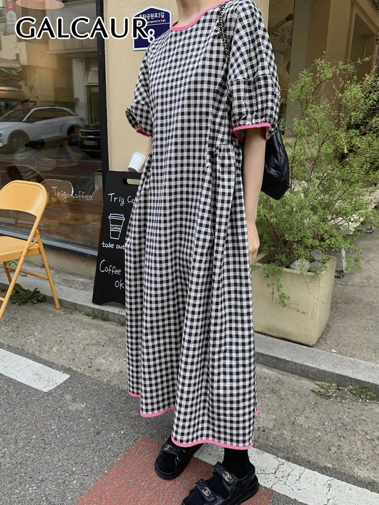 

GALCAUR Plaid Hit Color Dresses For Women Round Neck Puff Sleeve High Waist Loose Folds Casual Summer Korean Maxi Dress Female