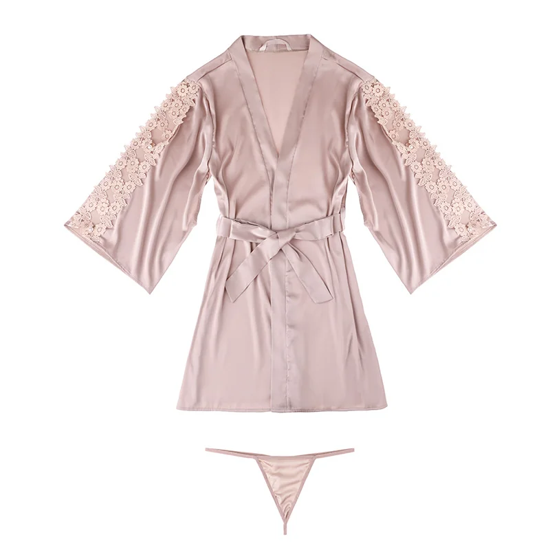 Womens Lounge Set Bathrobe Satin Silk Dress Pajama Lace Sleepwear Nightwear Nighty for Bride Silk Dressing Gowns Home Robe 2022