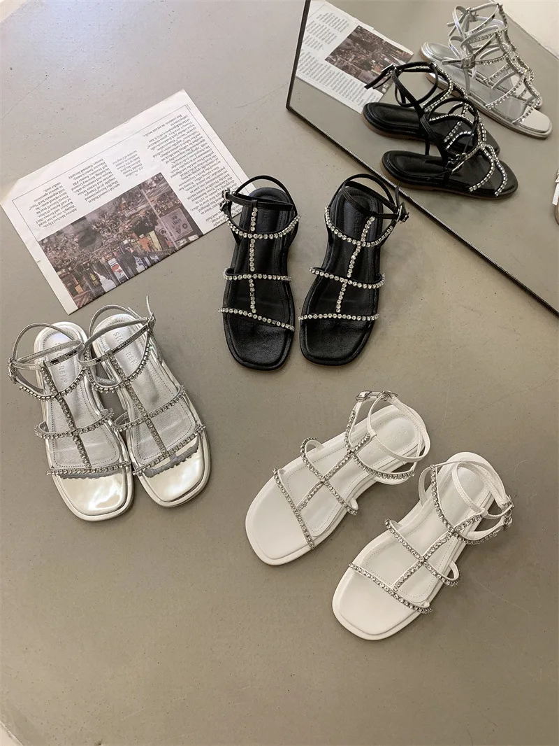 

Туфли женские в римском стиле, удобные сандалии с открытым носком, ремешок с пряжкой, гладиаторы, черный цвет, лето 2023