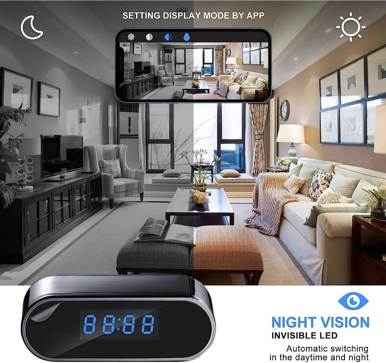 Фото HD 1080P Настольные часы Мини-будильник Беспроводная Wi-Fi IP P2P Камера ИК-видеокамера ночного видения Домашняя безопасность Веб-камера наблюдения №1