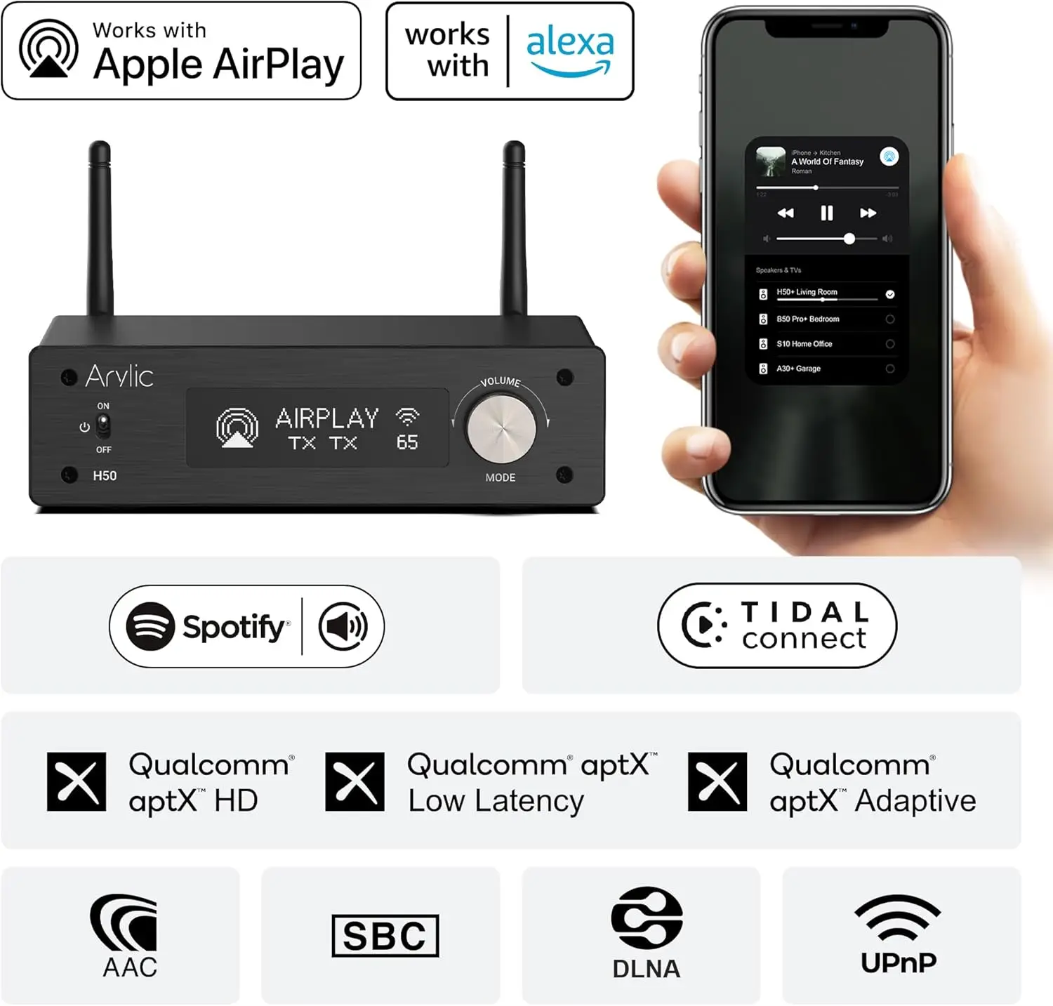 Фото Arylic H50 WiFi Bluetooth 5.2 HiFi усилитель мощностью 50 Вт×2 с поддержкой AirPlay 2, Spotify, Tidal Connect, HDMI ARC, Phono, USB, DAC, Multiroom №1