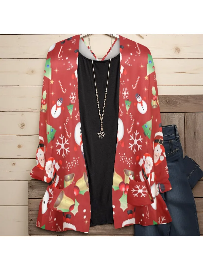 Женская рубашка-Кардиган с длинным рукавом и рождественским принтом размеры 1XL-5XL