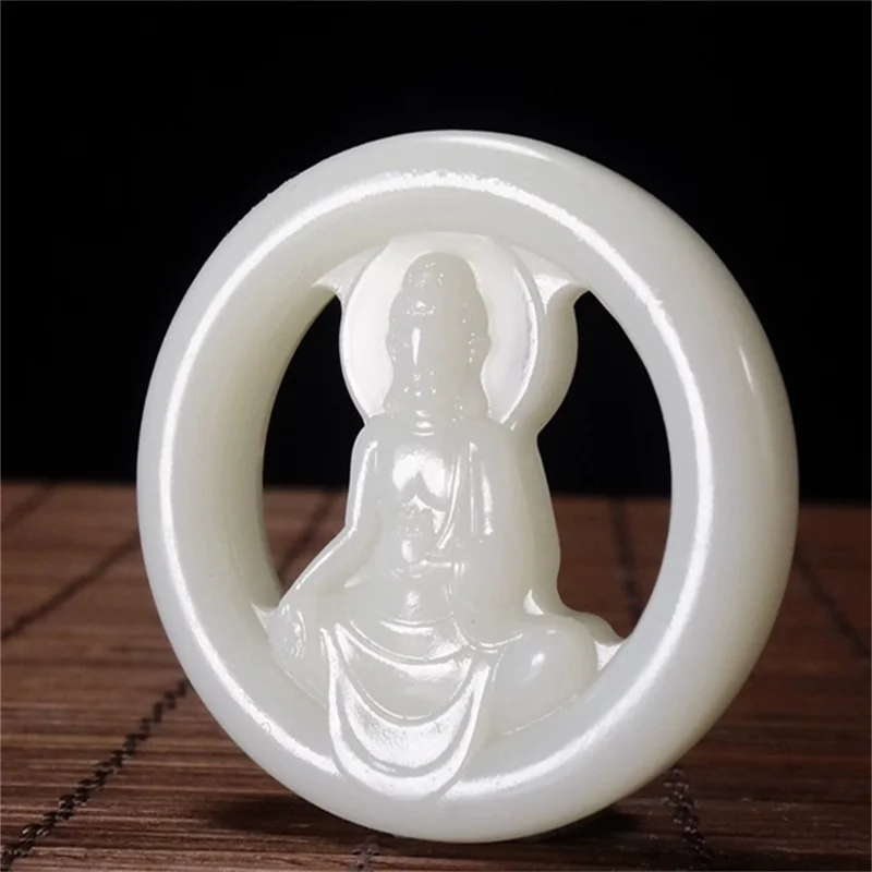 Hot Selling Natural Hand-carve White Jade Guanyin Buddha Statue Necklace Pendant Fashio Jewelry Accessories MenWomen LuckGifts1D