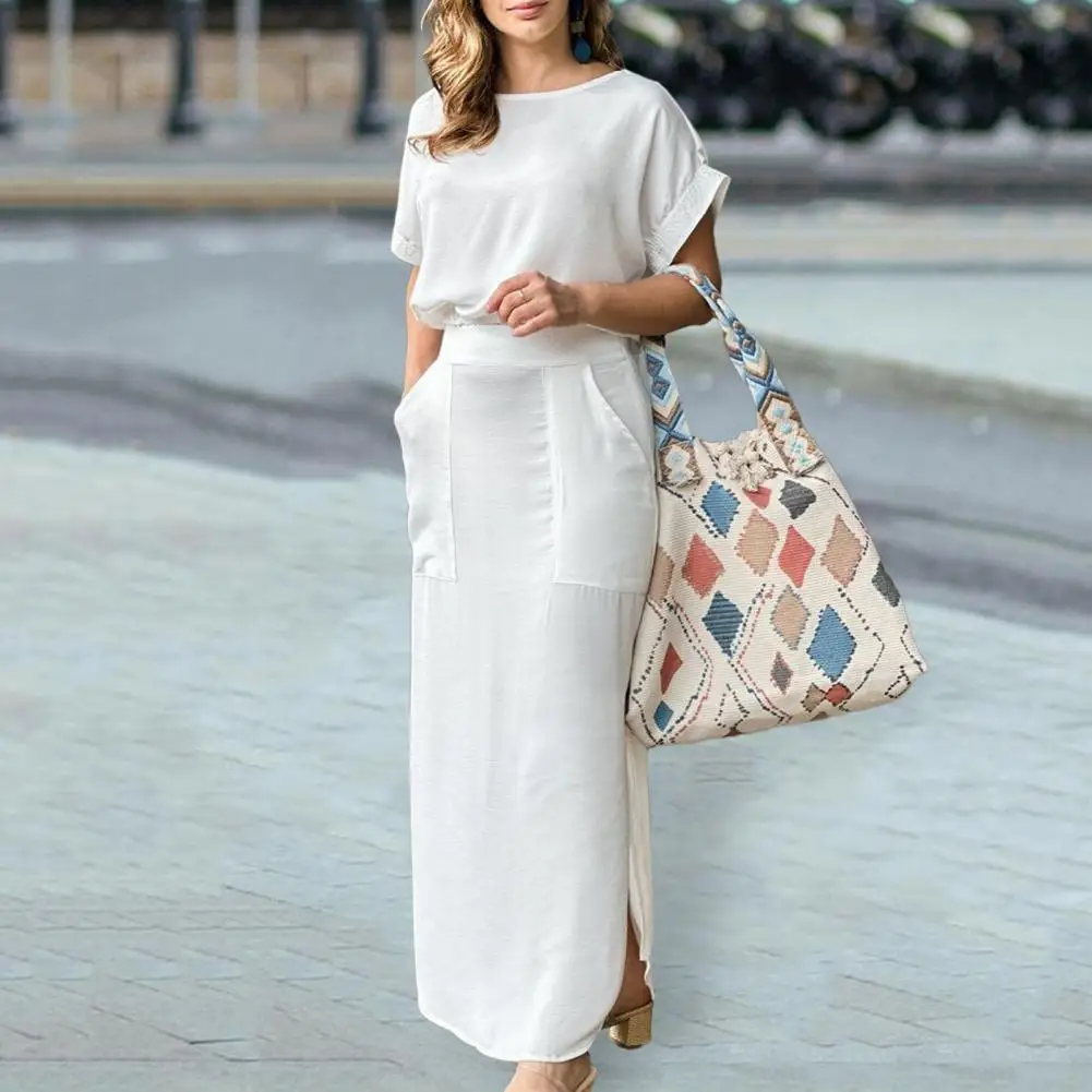 

Summer 2 Pcs/Set Women Top Maxi Skirt Set Short Sleeves Solid Color High Waist Pockets Side Split Ankle Length Female Outfit
