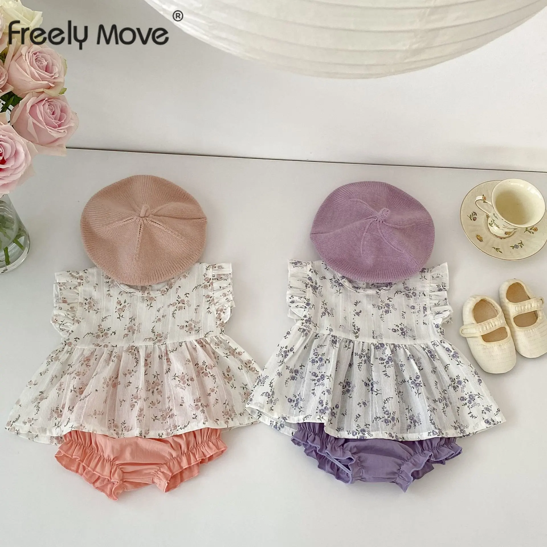 

2023 Newborn Kids Clothes Romper Set Baby Girl Shirts+Shorts 2pcs Summer Floral Sleeveless Clothing Children Baby Set