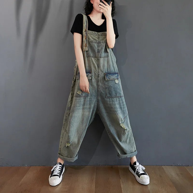 

Jumpsuit Women's Jeans Rompers New Retro Big Pocket Loose Denim Overalls Fashion Casual Large Size Wide-leg Overalls