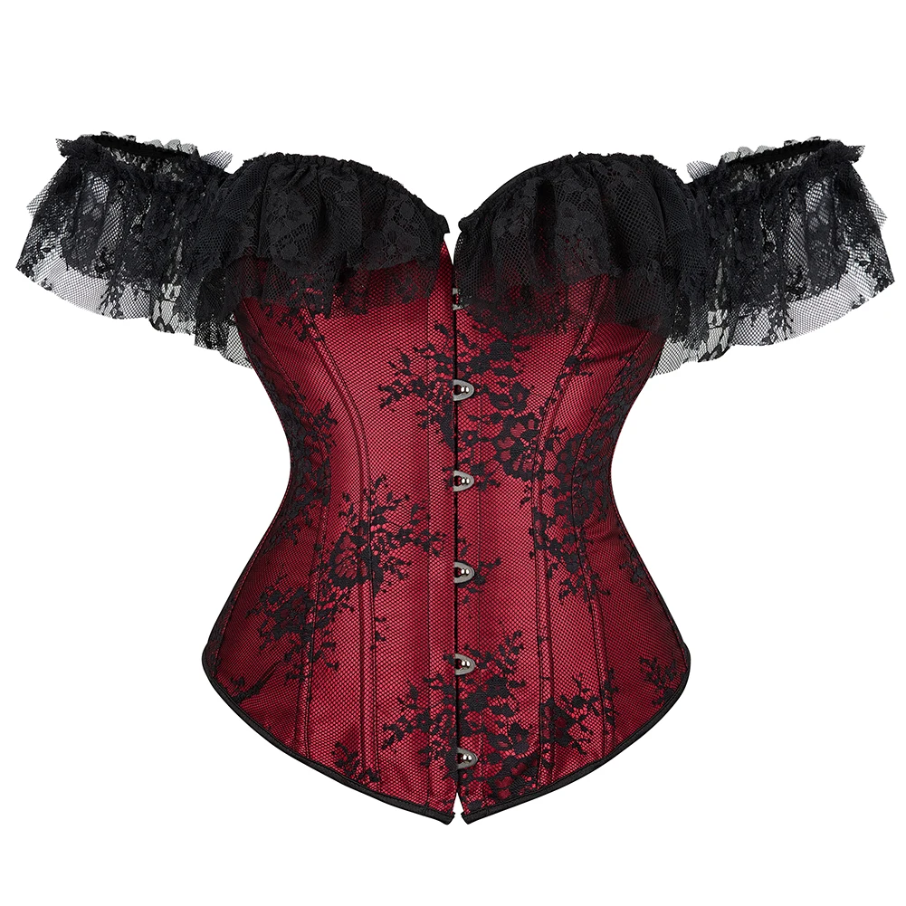

Princess Elegant Corsets Lace Sleeves Off Shoulder Floral Overbust Corset Victorian Women Sexy Bustier Showgirl Party Costume