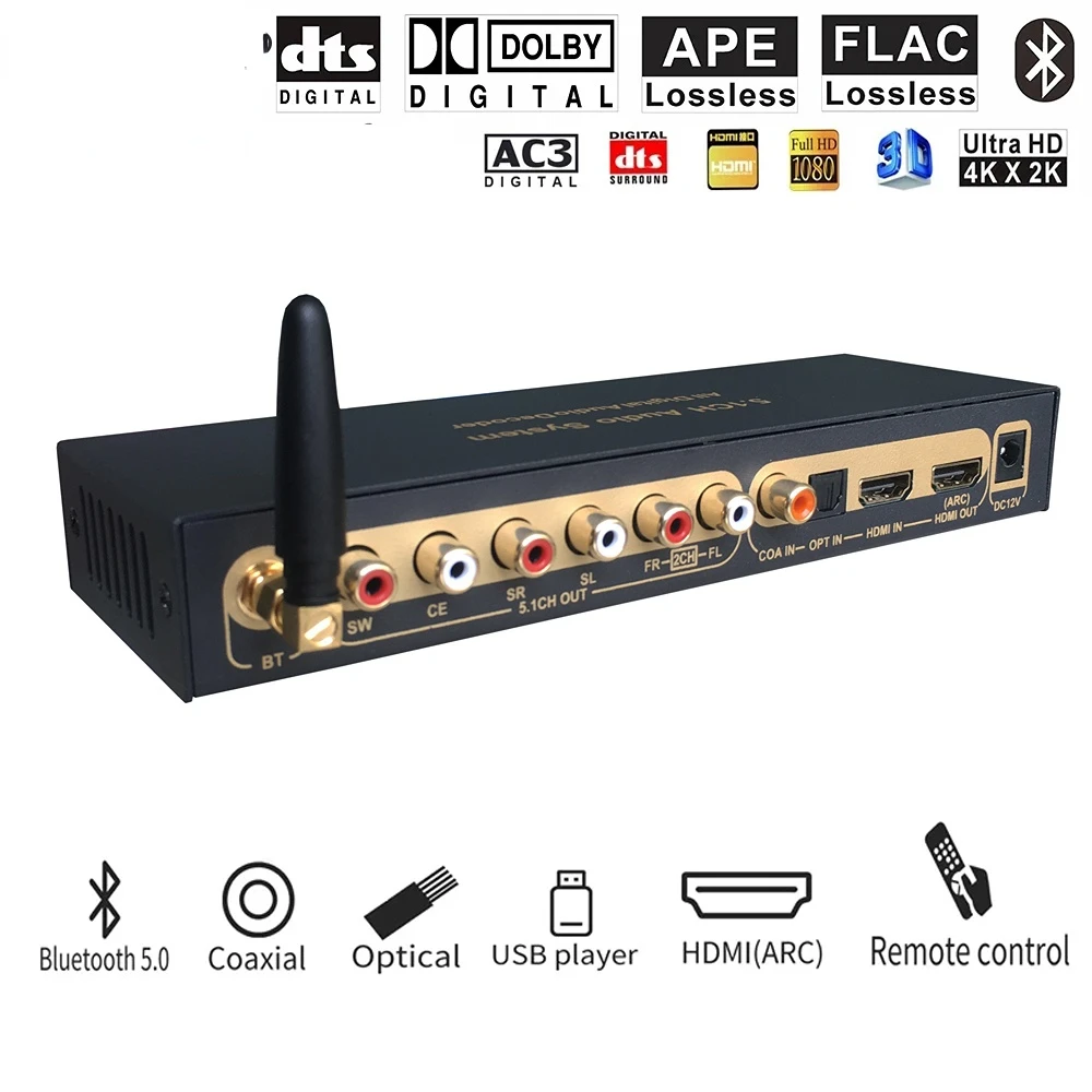 

5.1 Audio Decoder Bluetooth 5.0 DAC DTS AC3 FLAC APE 4K*2K Hdmi-ARC TV Extractor Splitter PC-USB SPDIF Coaxial Converter