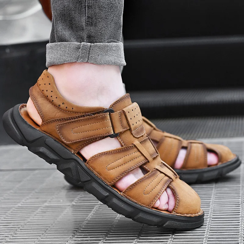 

Сандалии мужские из натуральной кожи ручной работы, мягкие пляжные туфли для отдыха, модная летняя обувь, большие размеры 38-48