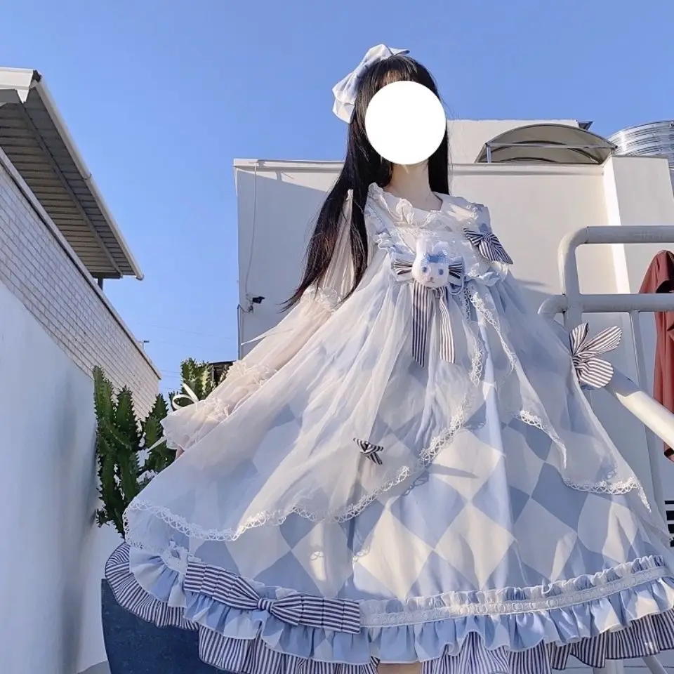 

Оригинальная юбка в виде синего кролика JSK, милое элегантное платье лолиты, Сетчатое строченное платье на бретельках с бантом, платье принцессы с повязкой на голову