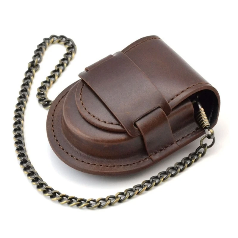 

A0KD Leather Pocket Watch Box Storage Pouch With Chain Watch Storage Accessories