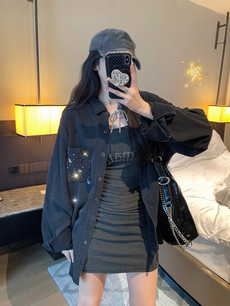 Zhuangda Mud Gray Black Soft Denim XINGX Hot Drilling Shirts Loose Women 2024 Autumn and Winter New Long sleeve Outerwear