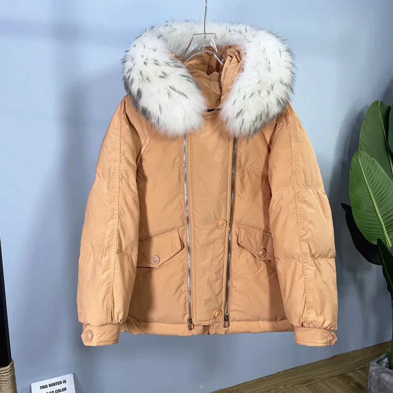 2022 Winter New Down Jacket Women's Short Korean Version Big Fur Collar Fashion Loose Thick Warm White Duck Down Coats Female