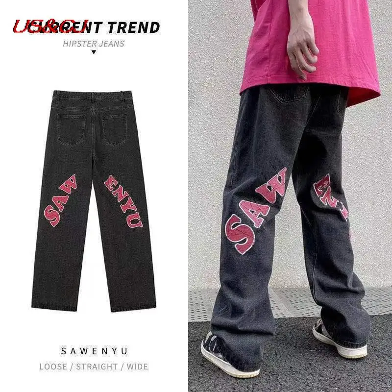 

Fashion Retro Letter Printed Wide Leg Pants Jeans Spring Hip Hop High Street style Loose Straight-Leg Pants Mop The Floor Pants