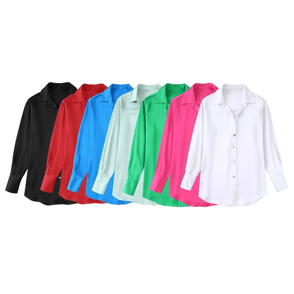 

Женская шелковая атласная Однотонная рубашка, повседневная элегантная шикарная Женская универсальная блузка в стиле ретро с длинными рука...