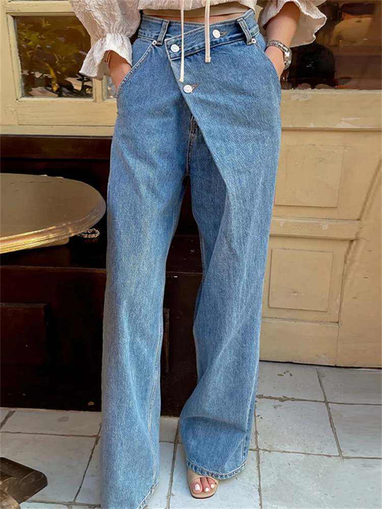 

2023 New Korea Chic Autumn Retro High Waist Irregular Buckle Design Fashion Wide Leg Jeans Pants Women Baggy Jeans for Womens