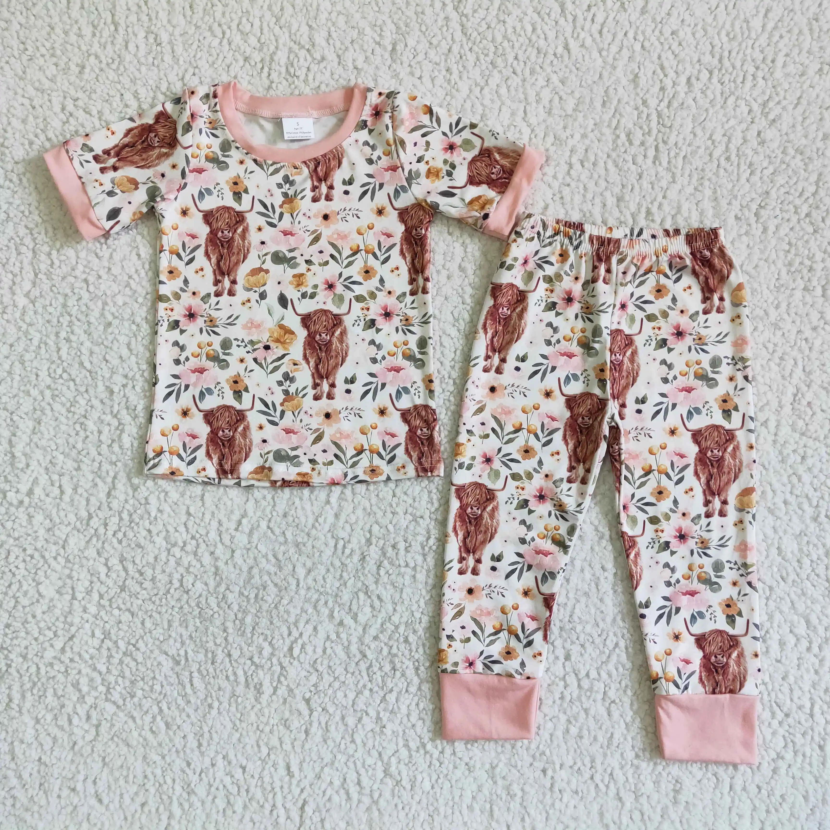 Conjunto de pijama con estampado de flores y vaca para niño, traje de manga corta para niño