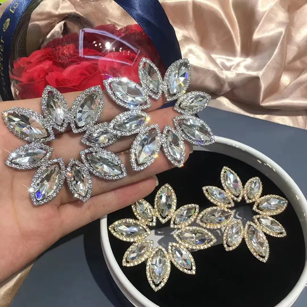 

Exaggerated Rhinestone Oversize Leaf Flower Shape Drop Earrings Dinner Jewelry for Women Shiny Crystal Geometric Dangle Earring