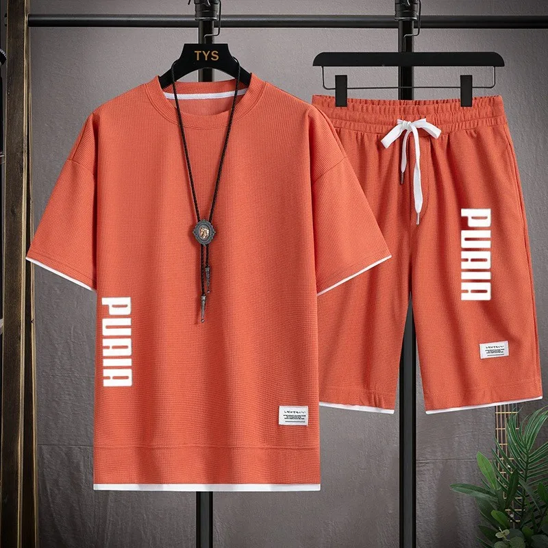 New Men's T-shirt + Shorts Set Summer Breathable Casual T shirt Running Set Fashion Harajuku Printed Male SporBasketball suit