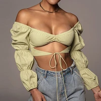 fashion design sense hollow puff sleeves square neck one word neck navel bandage pleated long sleeve short t shirt top women