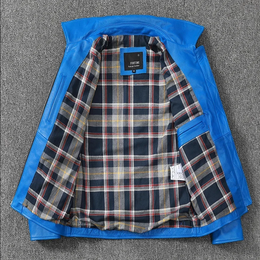 Новая мужская мотоциклетная куртка из воловьей кожи светло-голубая короткая с