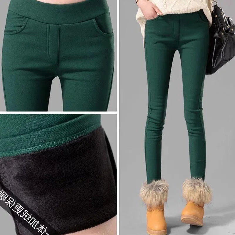 Candy Color Plus Velvet Thick Pencil pants Women High Waist Warm Casual Slim Stretch pants Winter OL Leggings Trousers