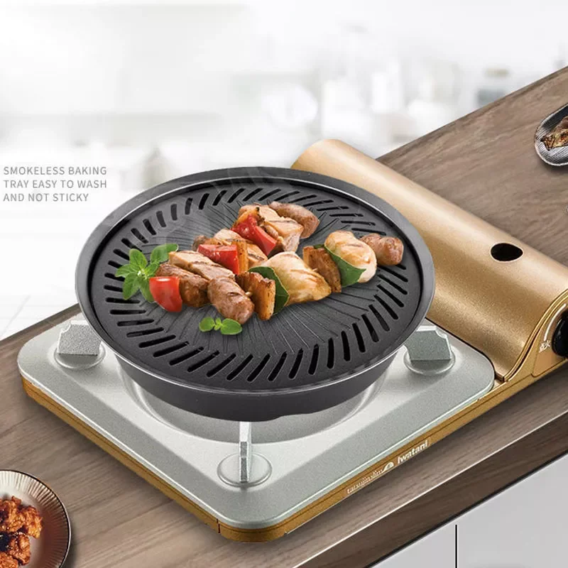 

Indoor Smokeless Stovetop Barbecue BBQ Non Stick Korean Traditional Iron Grill Pan For Indoor Outdoor Baking Camping Travel
