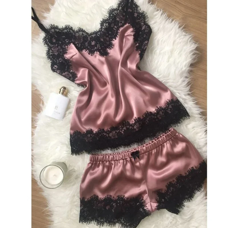 

Women Pajama Suit Fashion V-Neck Stretch Satin Babydoll Lace Sexy Lingerie Bowknot Pyjamas Sleep Shorts Set Sleepwear New