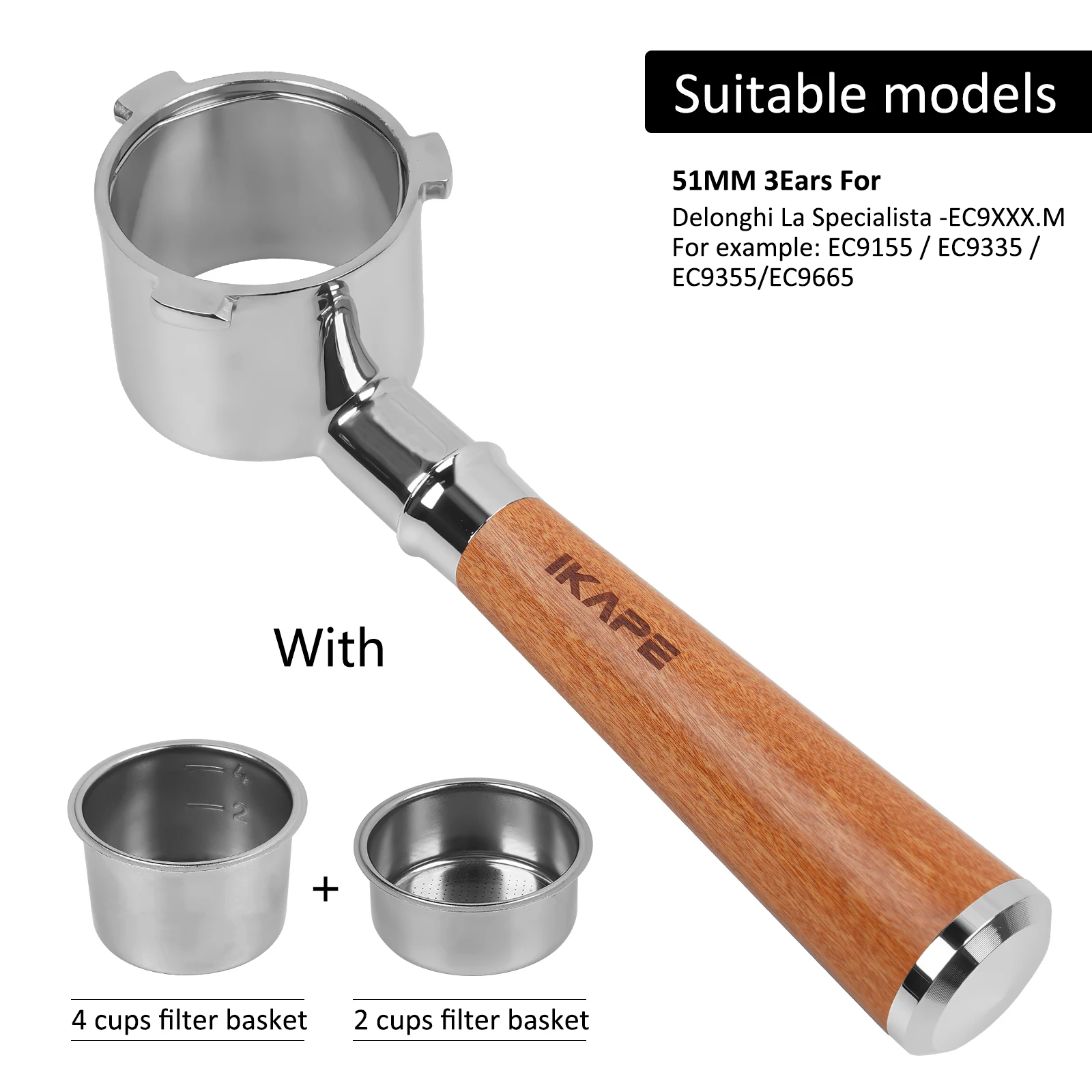 

Бездонный портафильтр IKAPE для Delonghi/Barsetto/Berivlle/Lamarzocco/Welhome/Flair58/ECM/Lelit/wega с деревянной ручкой 51/54/58 мм