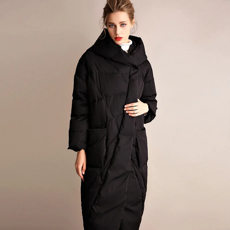 Women Down Jacket Winter Fashion Loose and Thickened 90 White Duck Down Medium Length Hooded Coat