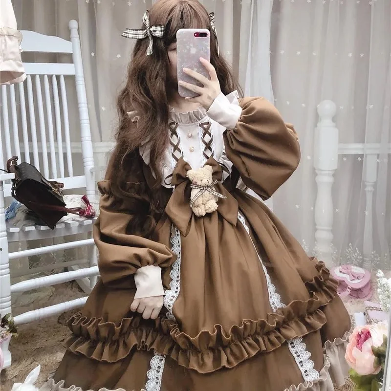 

XinHuaEase Japanese Lolita Style Dresses Long Sleeve Cosplay Drees Clothings Role Playing Costumes Lolitas Kawaii Jsk Cute Brown