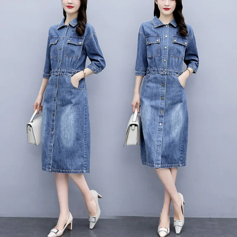 

Jeans Dresses Women Denim Slim Half Sleeve Mid Long Solid Office Lady Elegant Dress Fashion Casual Chic Cowboy Dresses Vestidos