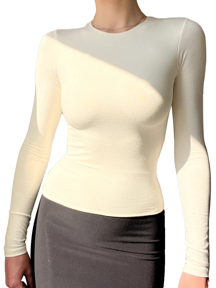 

Женская Базовая однотонная облегающая футболка с длинным рукавом и круглым вырезом