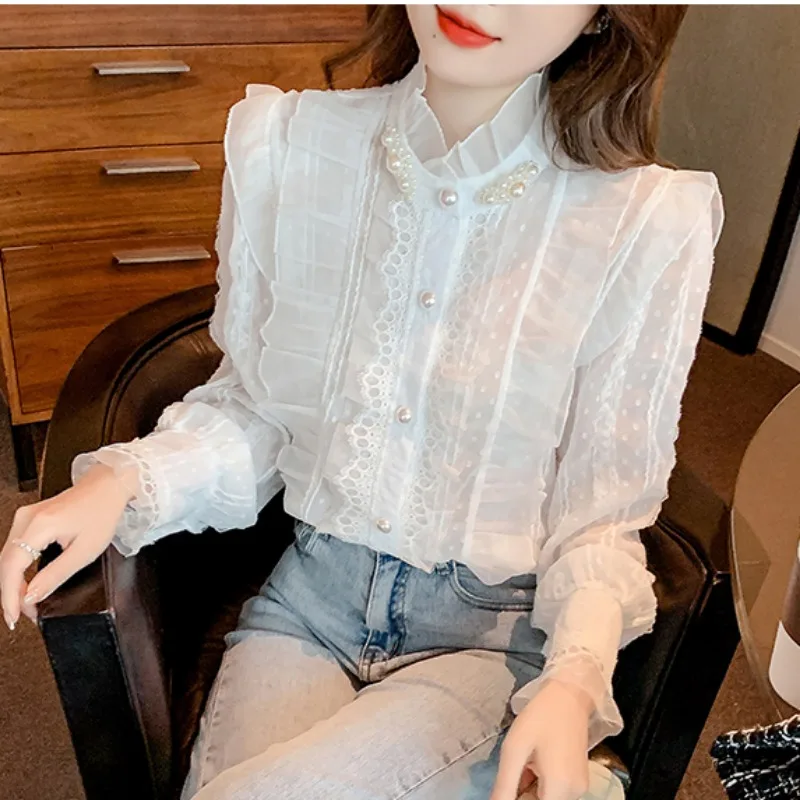 Кружевные женские рубашки и блузки Matakawa однотонные элегантные во французском