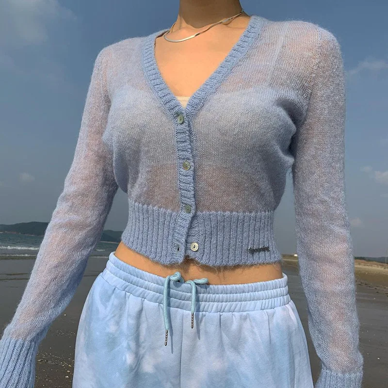 

New V-neck Knitted Cardigan Sweater Women's Long-sleeved Thin Section Micro-transparent Sunscreen Cardigan Top Spring Fashion