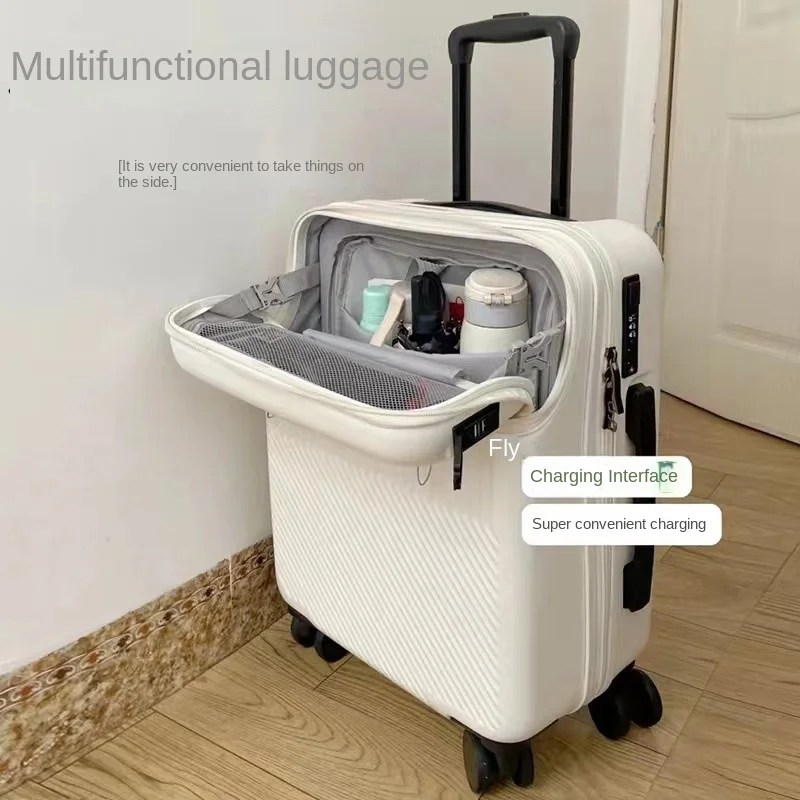 Front Open Cover Luggage Women's Multi-Functional Trolley Case Men's  Small Boarding USB Suitcase with Combination Lock