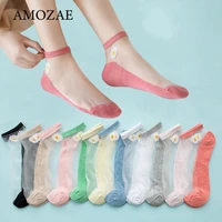 5 pairs women socks for summer ultra thin transparent fiber silk socks japanese fashion daisy flower cute socks kawaii designer