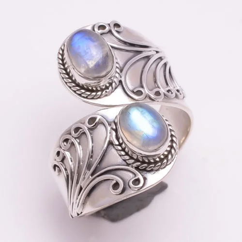 

Women Fashion 925 Silver Color Ring Elegant Natural Moonstone Jewelry Wedding Engagement Party Ring Size 5-11